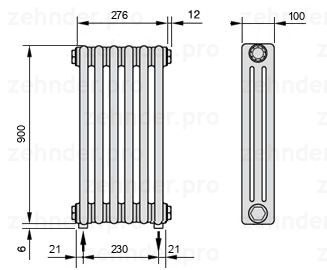 Схема (чертеж) Радиатор Zehnder Charleston 3090/6 №3570 Белый глянцевый RAL 9016